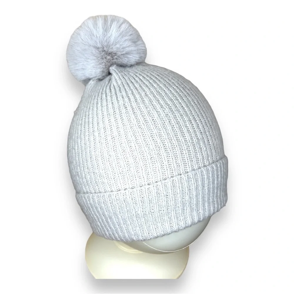 Lauren Conrad Pom Pom Beanie Winter Hat Soft Knit Grey Pastel Cozy